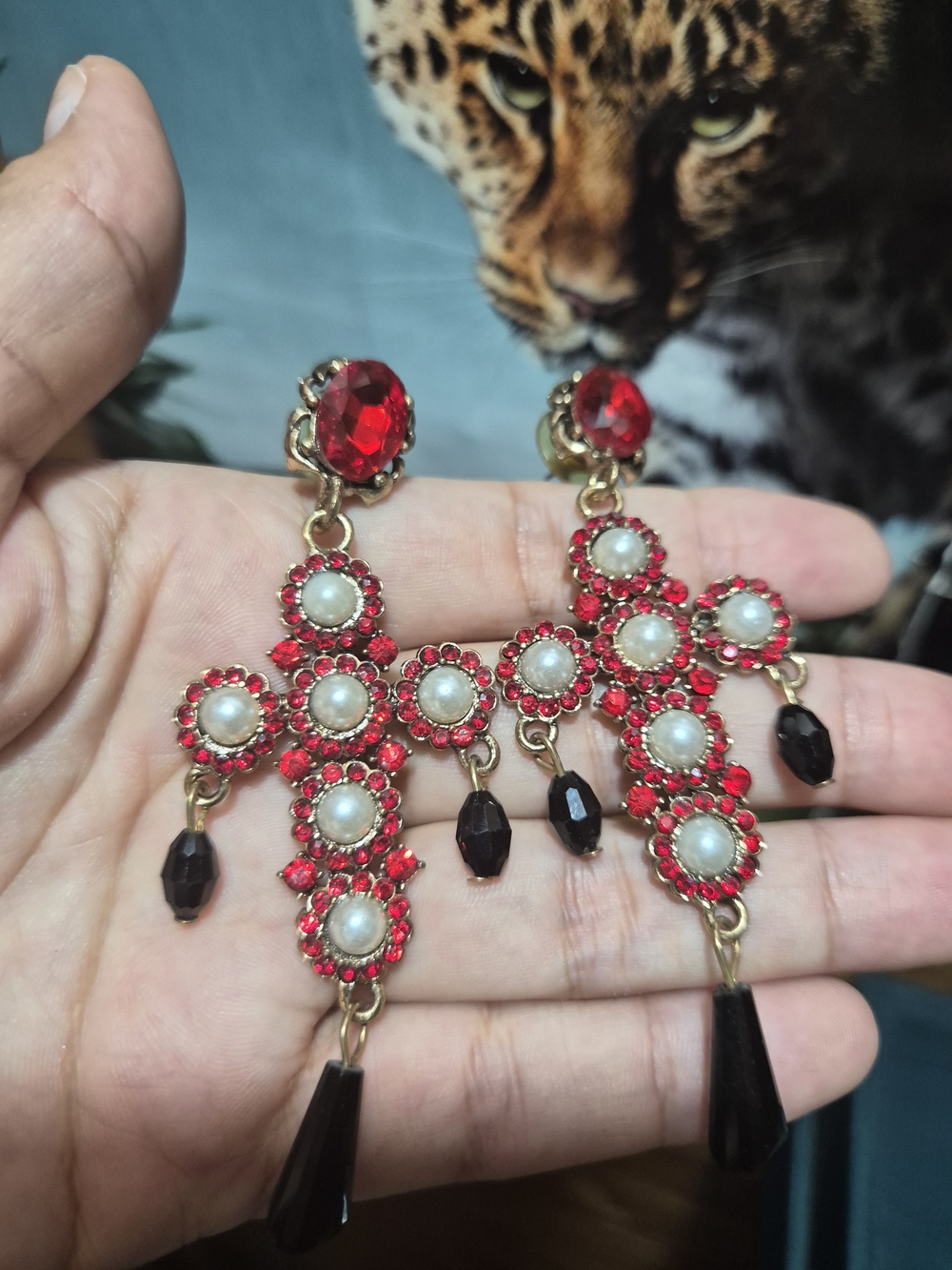Bold Red Crystal Cross Drop Earrings with Pearl Accents